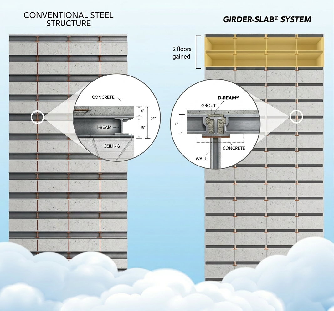 The Girder-Slab® system — cutaway showing the D-Beam® girder, hollow-core slab, and grout assembly