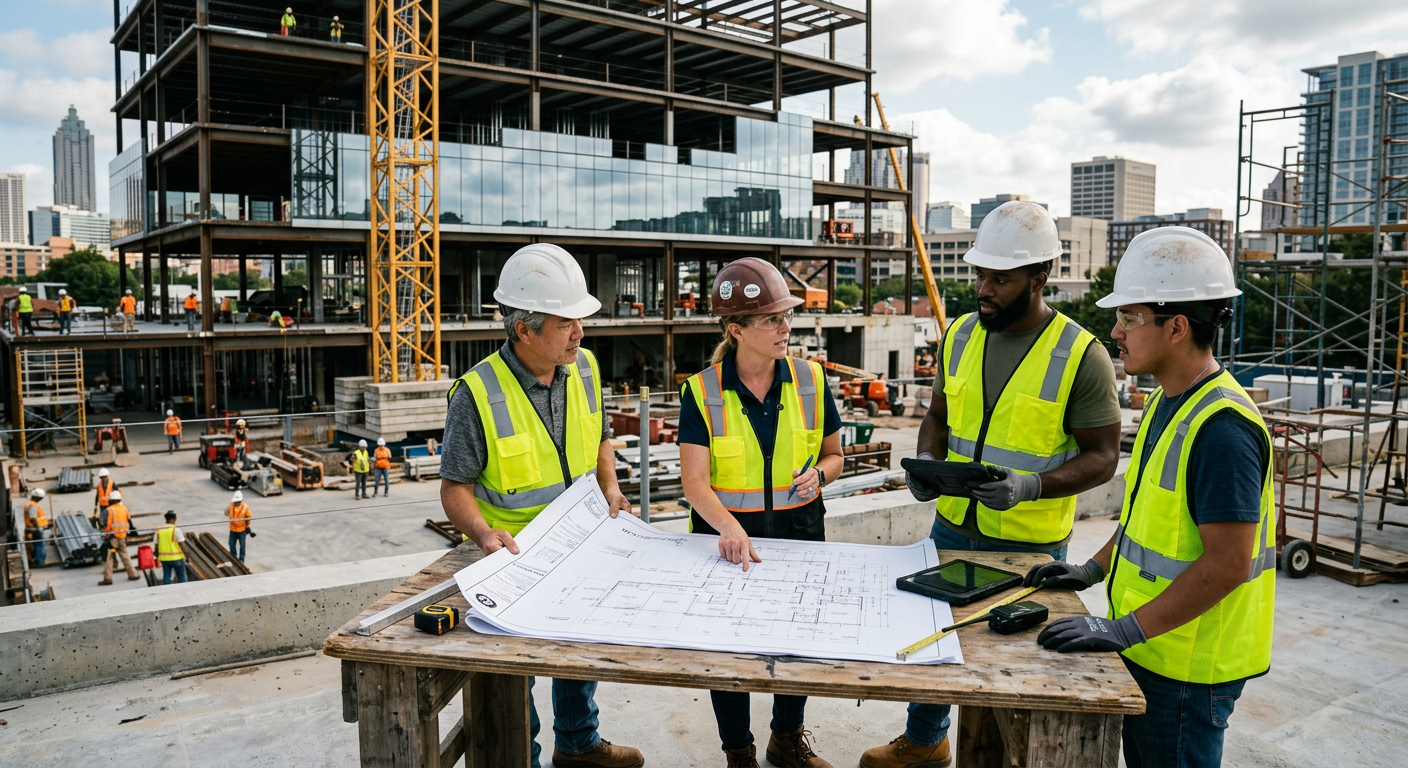 General contractor crew installing hollow-core plank on a Girder-Slab® job site